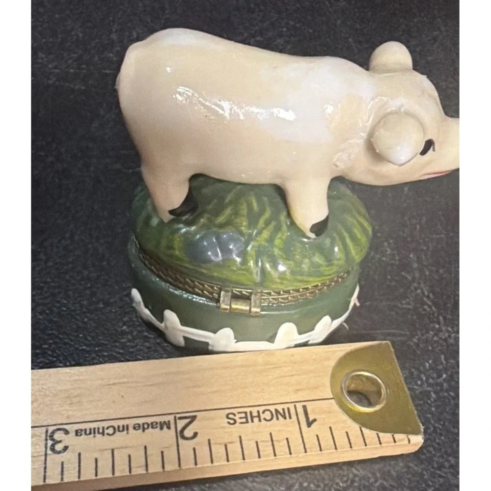 Trinket Box, Small Pig, Pink Green, Hinged Ceramic Farm Box